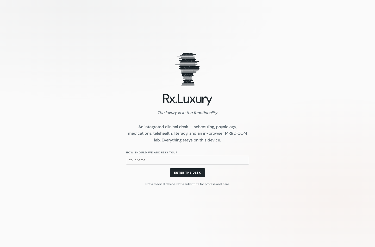 The Rx.Luxury door at 1440 pixels: a striped ribcage mark, the name Rx.Luxury, the line