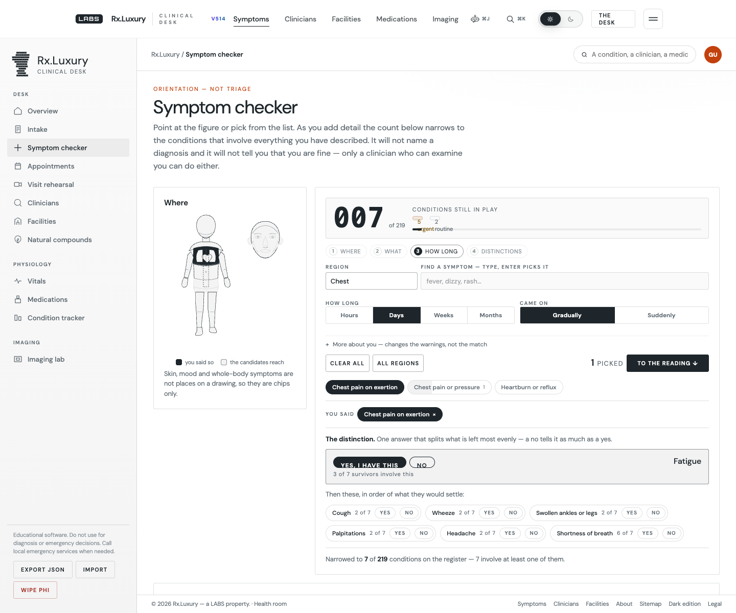 The same checker after one symptom is picked: the counter now reads