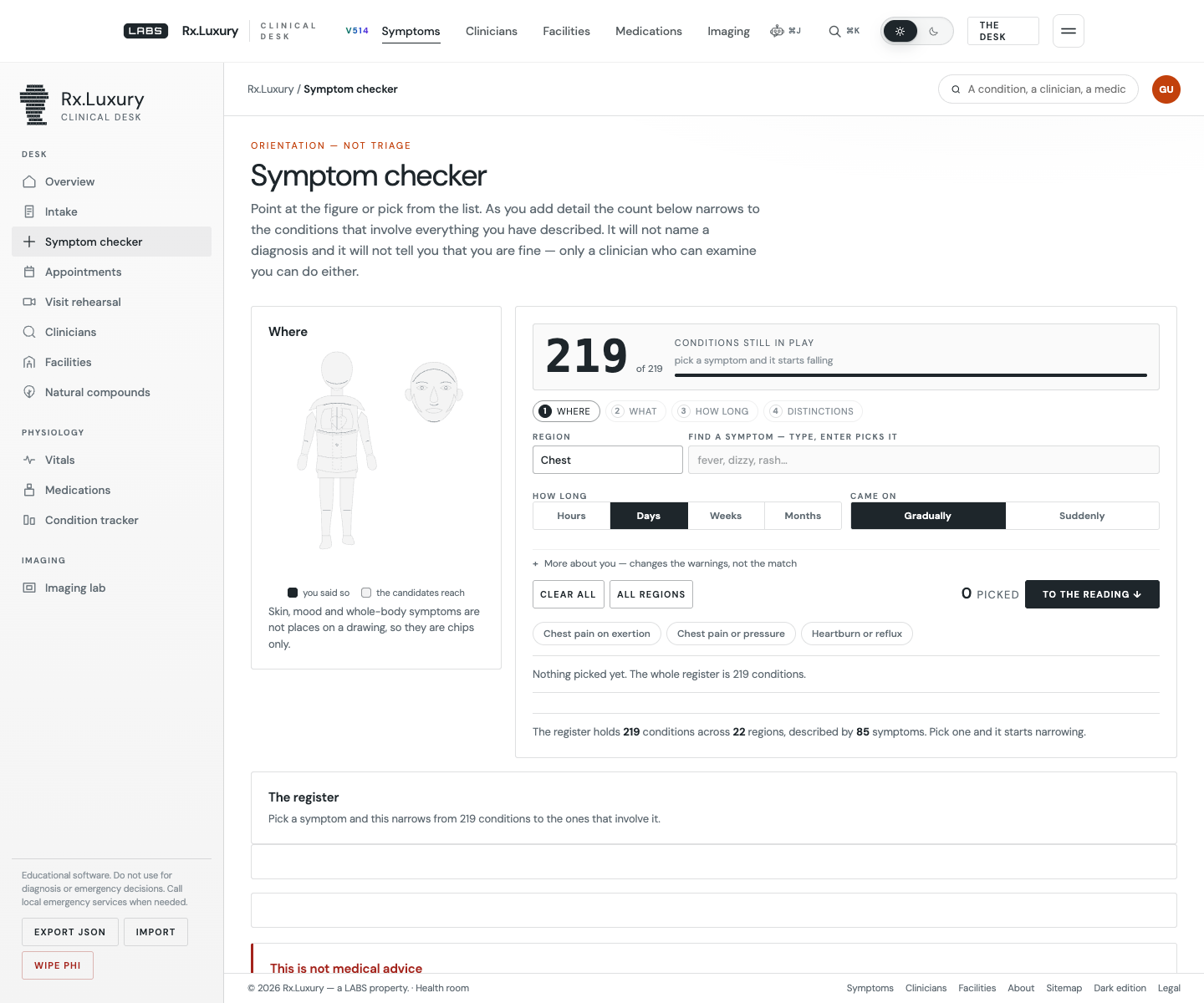 The Rx.Luxury symptom checker before anything is picked: a kicker reading